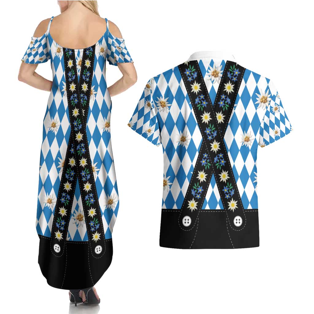 Bavaria Traditional Lederhosen Costume Couples Matching Summer Maxi Dress and Hawaiian Shirt Bavaria Emblem - Blue Plaid Pattern with Edelweiss Flowers