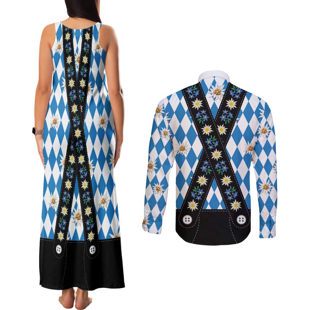 Bavaria Traditional Lederhosen Costume Couples Matching Tank Maxi Dress and Long Sleeve Button Shirt Bavaria Emblem - Blue Plaid Pattern with Edelweiss Flowers