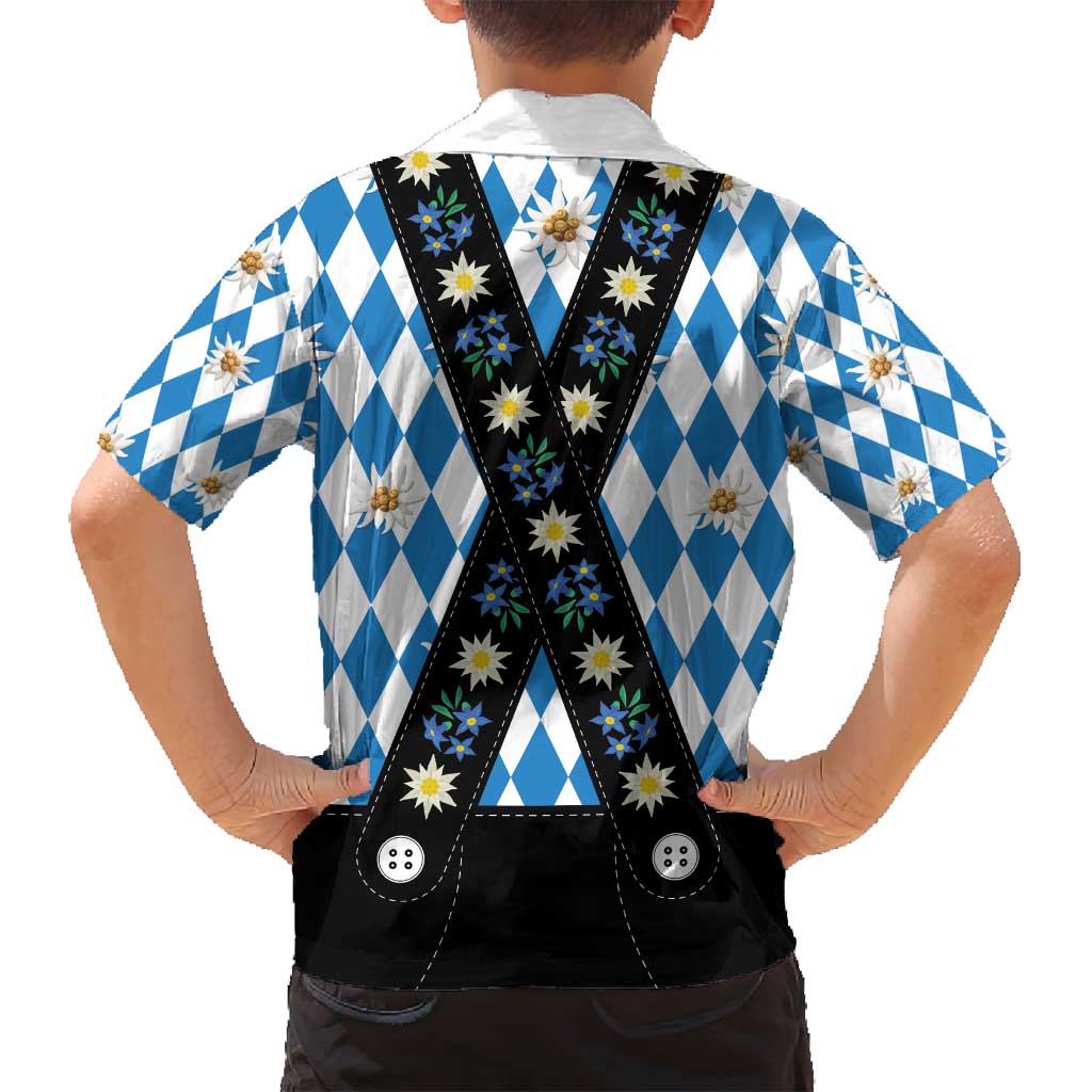 Bavaria Traditional Lederhosen Costume Family Matching Long Sleeve Bodycon Dress and Hawaiian Shirt Bavaria Emblem - Blue Plaid Pattern with Edelweiss Flowers - Wonder Print Shop