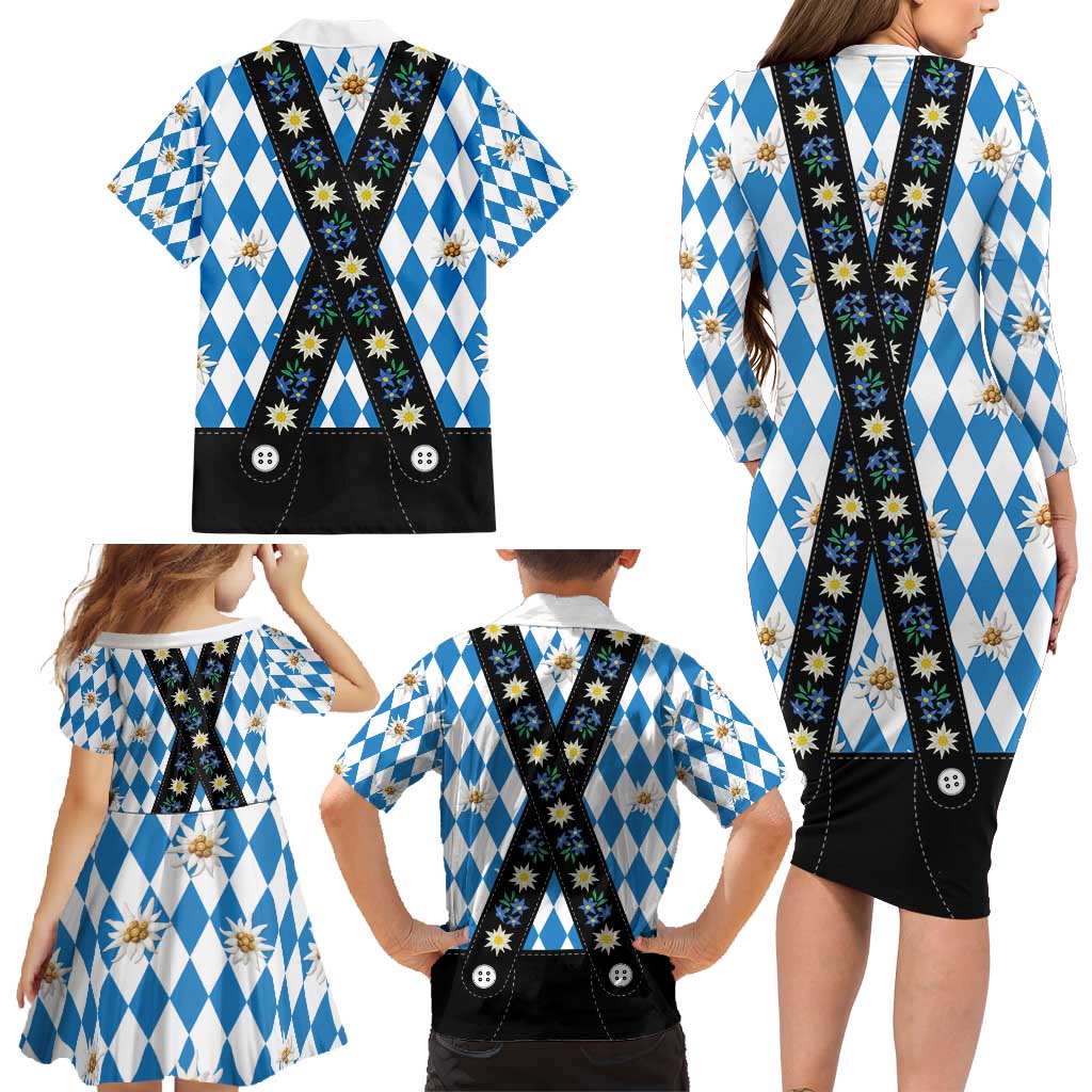 Bavaria Traditional Lederhosen Costume Family Matching Long Sleeve Bodycon Dress and Hawaiian Shirt Bavaria Emblem - Blue Plaid Pattern with Edelweiss Flowers - Wonder Print Shop