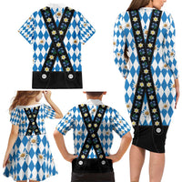 Bavaria Traditional Lederhosen Costume Family Matching Long Sleeve Bodycon Dress and Hawaiian Shirt Bavaria Emblem - Blue Plaid Pattern with Edelweiss Flowers - Wonder Print Shop