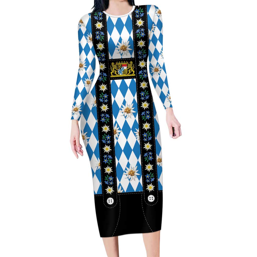 Bavaria Traditional Lederhosen Costume Family Matching Long Sleeve Bodycon Dress and Hawaiian Shirt Bavaria Emblem - Blue Plaid Pattern with Edelweiss Flowers - Wonder Print Shop