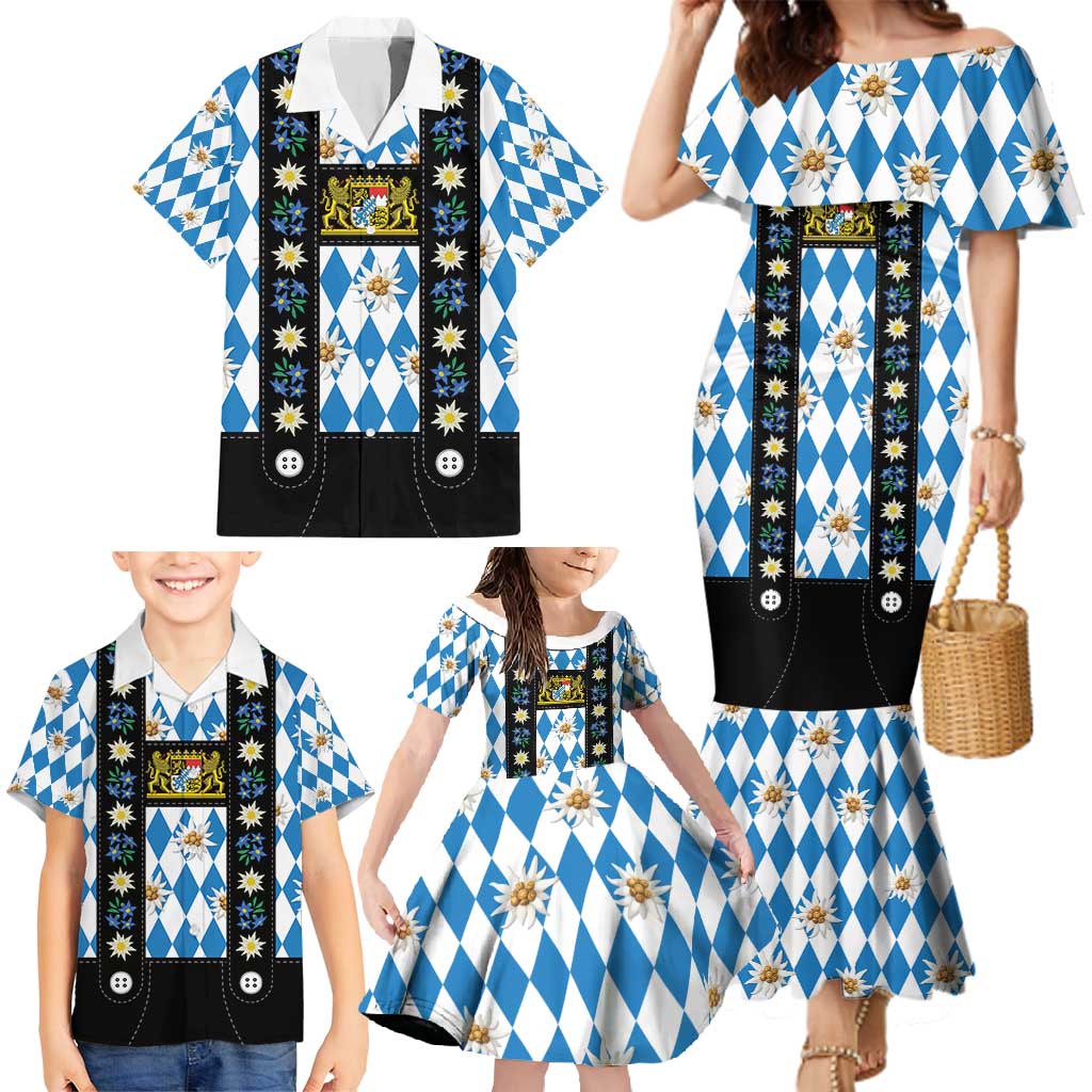 Bavaria Traditional Lederhosen Costume Family Matching Mermaid Dress and Hawaiian Shirt Bavaria Emblem - Blue Plaid Pattern with Edelweiss Flowers - Wonder Print Shop