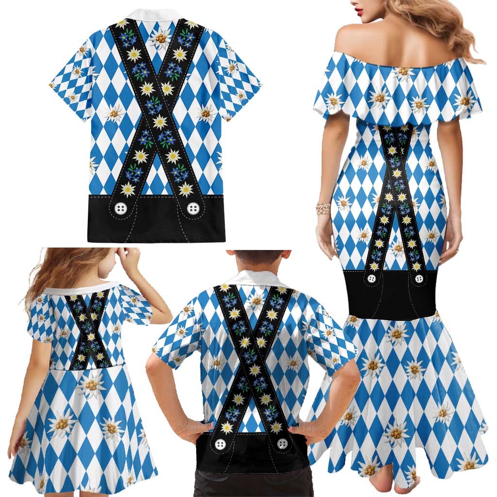 Bavaria Traditional Lederhosen Costume Family Matching Mermaid Dress and Hawaiian Shirt Bavaria Emblem - Blue Plaid Pattern with Edelweiss Flowers - Wonder Print Shop