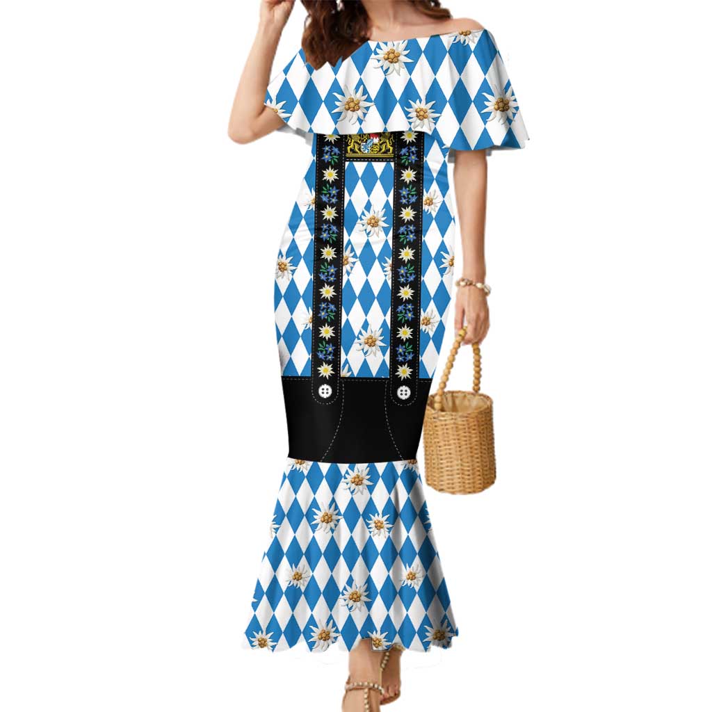 Bavaria Traditional Lederhosen Costume Family Matching Mermaid Dress and Hawaiian Shirt Bavaria Emblem - Blue Plaid Pattern with Edelweiss Flowers - Wonder Print Shop