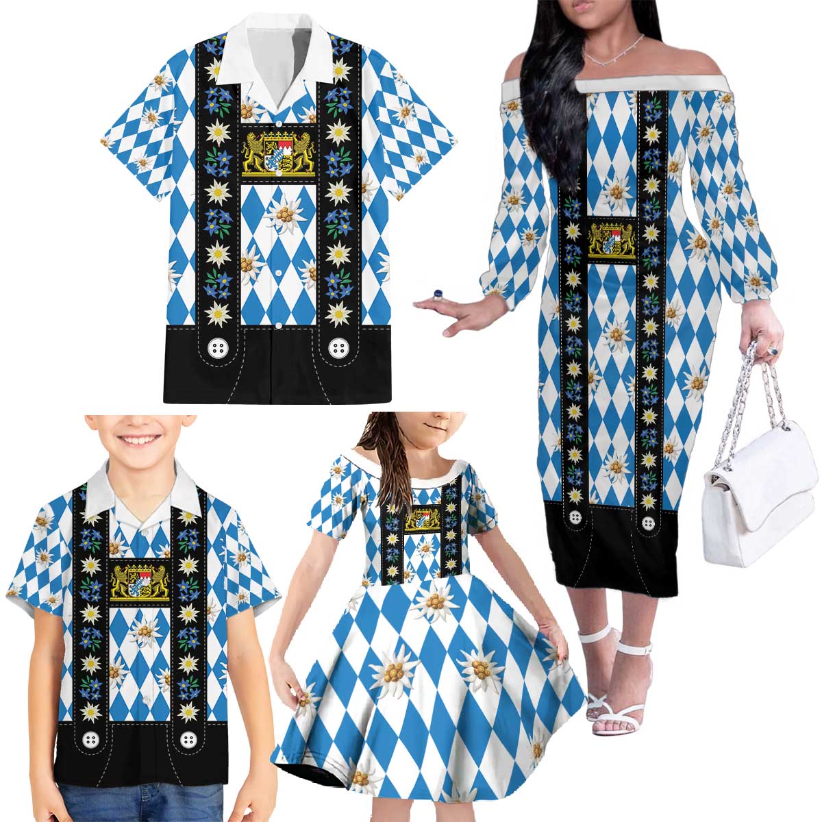 Bavaria Traditional Lederhosen Costume Family Matching Off The Shoulder Long Sleeve Dress and Hawaiian Shirt Bavaria Emblem - Blue Plaid Pattern with Edelweiss Flowers