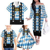Bavaria Traditional Lederhosen Costume Family Matching Off The Shoulder Long Sleeve Dress and Hawaiian Shirt Bavaria Emblem - Blue Plaid Pattern with Edelweiss Flowers