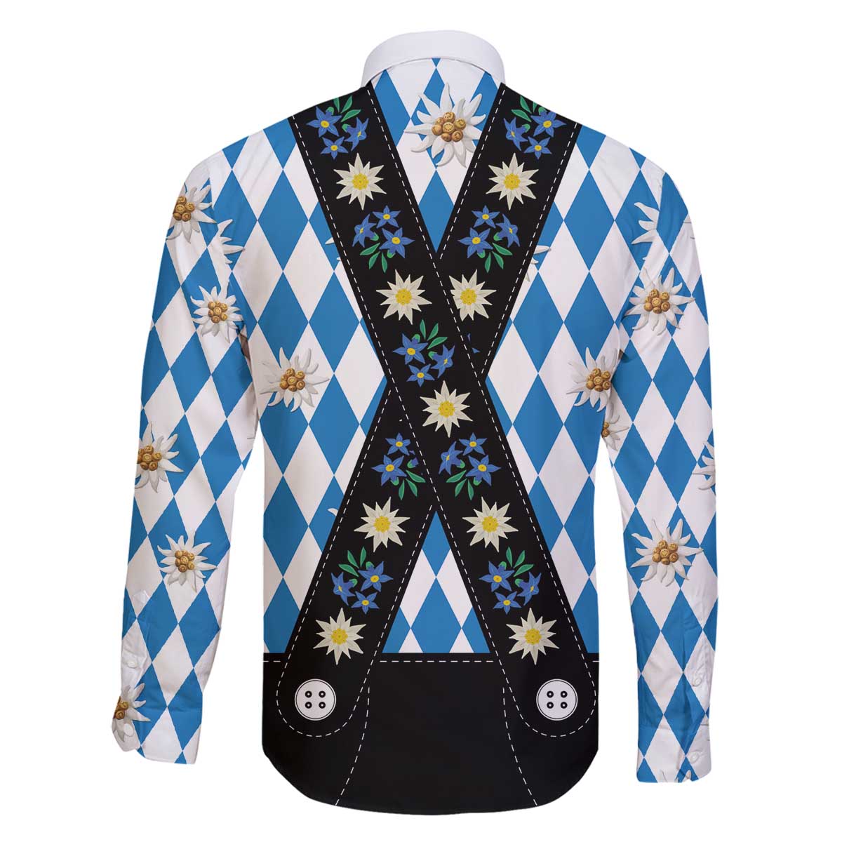 Bavaria Traditional Lederhosen Costume Family Matching Off The Shoulder Long Sleeve Dress and Hawaiian Shirt Bavaria Emblem - Blue Plaid Pattern with Edelweiss Flowers