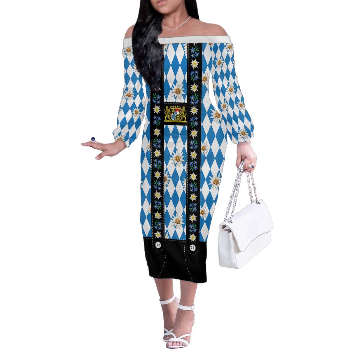 Bavaria Traditional Lederhosen Costume Family Matching Off The Shoulder Long Sleeve Dress and Hawaiian Shirt Bavaria Emblem - Blue Plaid Pattern with Edelweiss Flowers