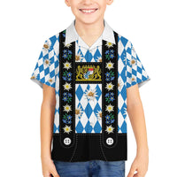 Bavaria Traditional Lederhosen Costume Family Matching Off The Shoulder Long Sleeve Dress and Hawaiian Shirt Bavaria Emblem - Blue Plaid Pattern with Edelweiss Flowers