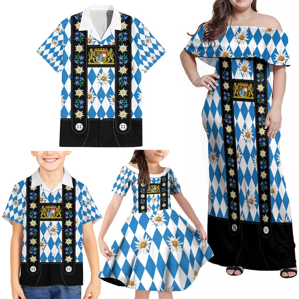 Bavaria Traditional Lederhosen Costume Family Matching Off Shoulder Maxi Dress and Hawaiian Shirt Bavaria Emblem - Blue Plaid Pattern with Edelweiss Flowers - Wonder Print Shop