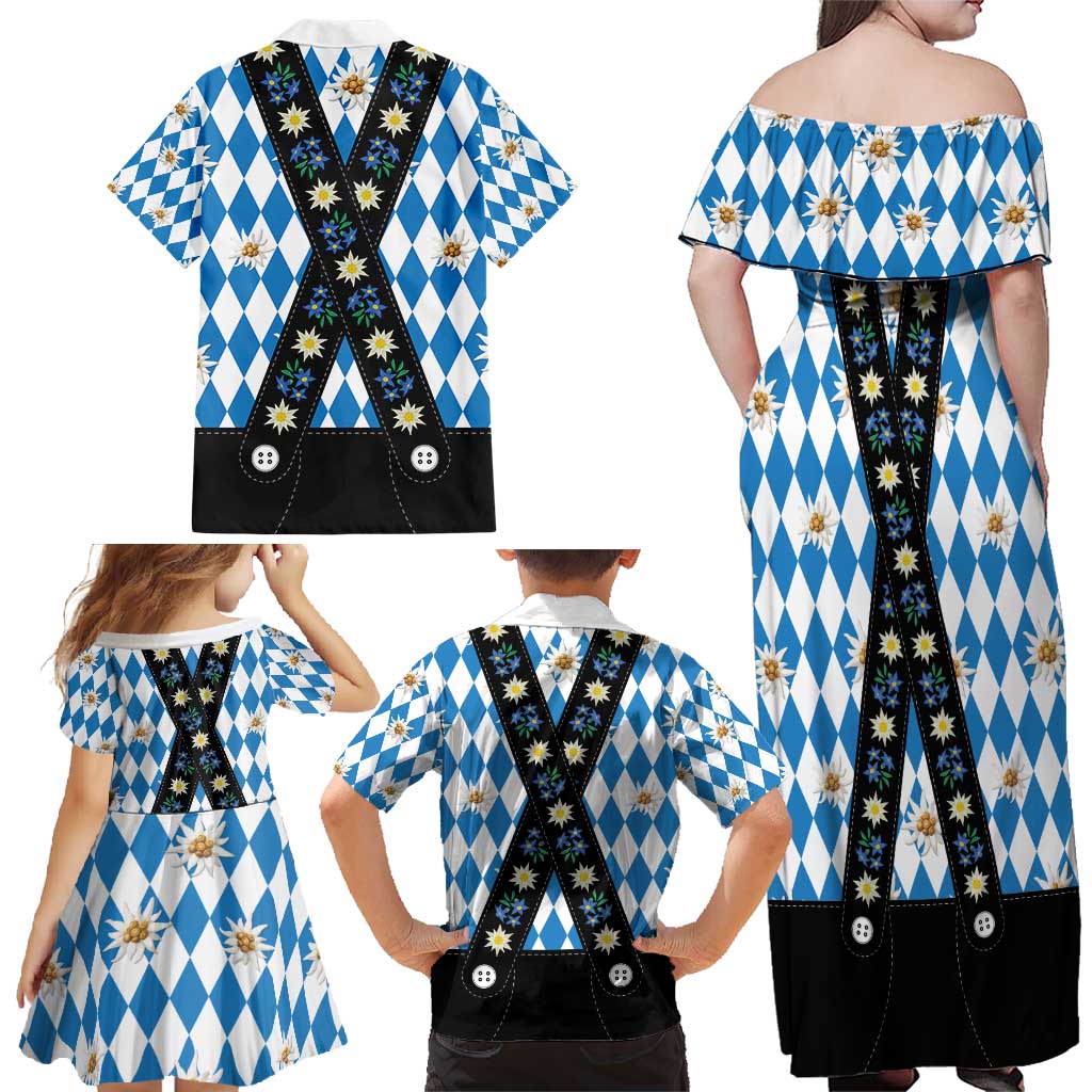 Bavaria Traditional Lederhosen Costume Family Matching Off Shoulder Maxi Dress and Hawaiian Shirt Bavaria Emblem - Blue Plaid Pattern with Edelweiss Flowers - Wonder Print Shop