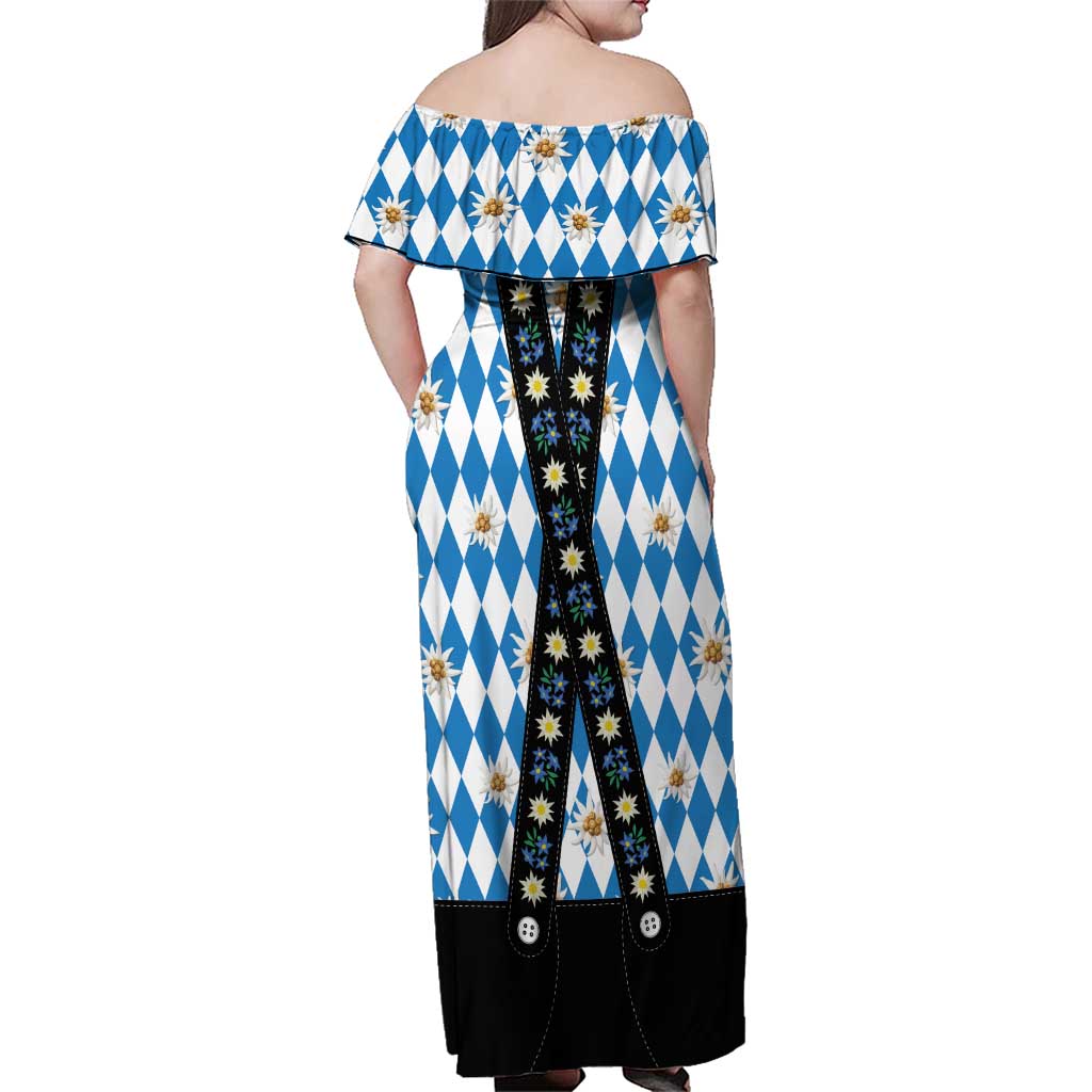 Bavaria Traditional Lederhosen Costume Family Matching Off Shoulder Maxi Dress and Hawaiian Shirt Bavaria Emblem - Blue Plaid Pattern with Edelweiss Flowers - Wonder Print Shop