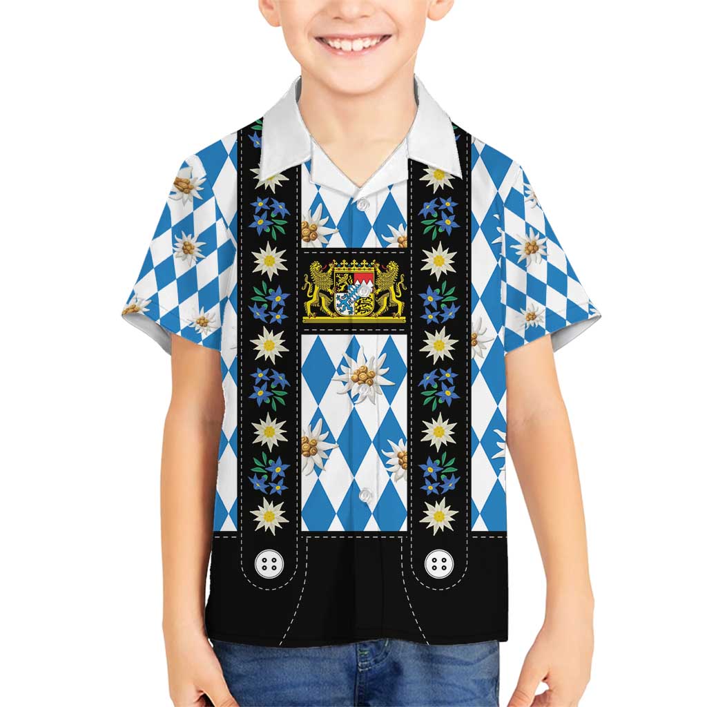 Bavaria Traditional Lederhosen Costume Family Matching Off Shoulder Maxi Dress and Hawaiian Shirt Bavaria Emblem - Blue Plaid Pattern with Edelweiss Flowers - Wonder Print Shop