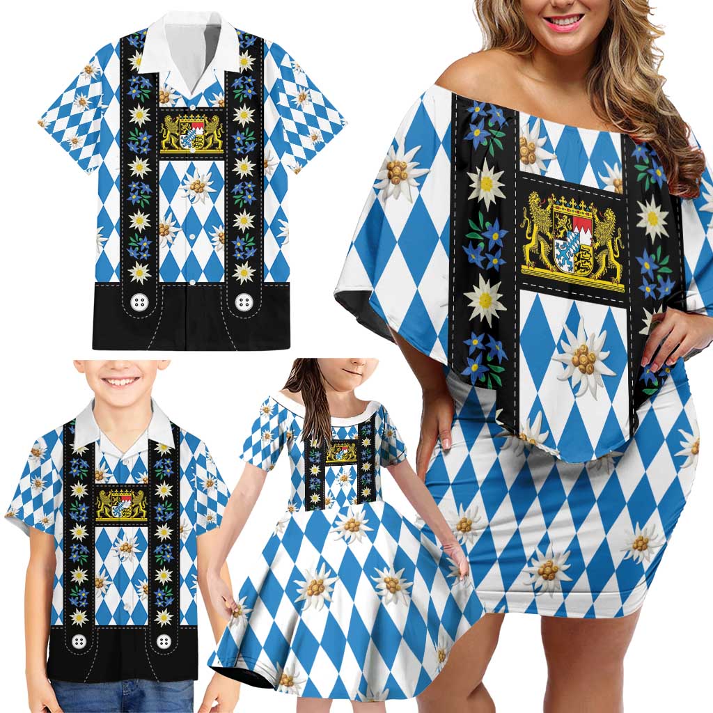 Bavaria Traditional Lederhosen Costume Family Matching Off Shoulder Short Dress and Hawaiian Shirt Bavaria Emblem - Blue Plaid Pattern with Edelweiss Flowers - Wonder Print Shop