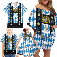 Bavaria Traditional Lederhosen Costume Family Matching Off Shoulder Short Dress and Hawaiian Shirt Bavaria Emblem - Blue Plaid Pattern with Edelweiss Flowers - Wonder Print Shop