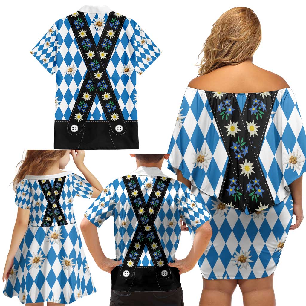 Bavaria Traditional Lederhosen Costume Family Matching Off Shoulder Short Dress and Hawaiian Shirt Bavaria Emblem - Blue Plaid Pattern with Edelweiss Flowers - Wonder Print Shop
