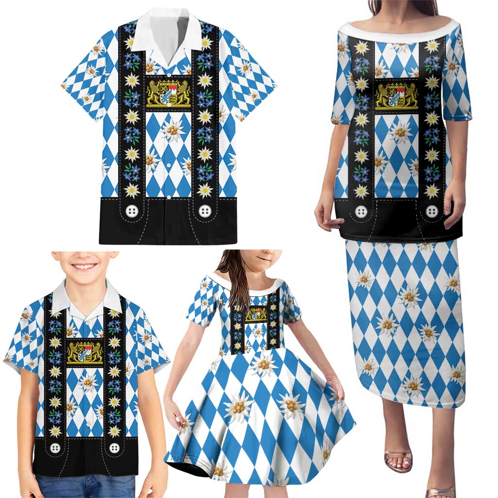 Bavaria Traditional Lederhosen Costume Family Matching Puletasi and Hawaiian Shirt Bavaria Emblem - Blue Plaid Pattern with Edelweiss Flowers