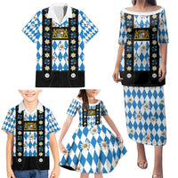 Bavaria Traditional Lederhosen Costume Family Matching Puletasi and Hawaiian Shirt Bavaria Emblem - Blue Plaid Pattern with Edelweiss Flowers