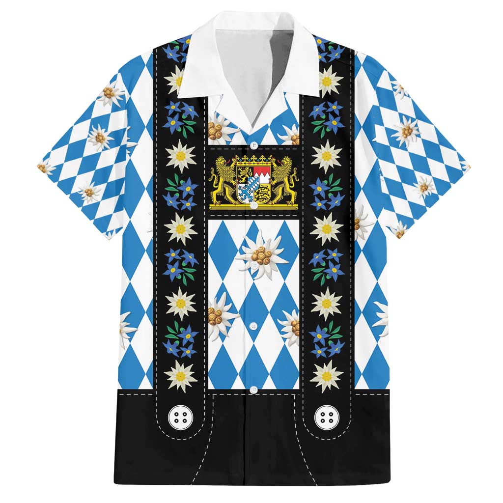 Bavaria Traditional Lederhosen Costume Family Matching Puletasi and Hawaiian Shirt Bavaria Emblem - Blue Plaid Pattern with Edelweiss Flowers