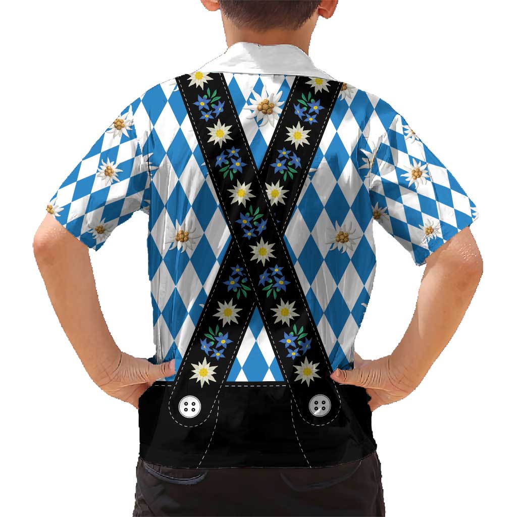 Bavaria Traditional Lederhosen Costume Family Matching Short Sleeve Bodycon Dress and Hawaiian Shirt Bavaria Emblem - Blue Plaid Pattern with Edelweiss Flowers - Wonder Print Shop
