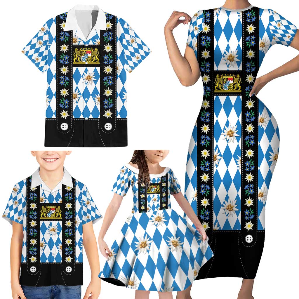 Bavaria Traditional Lederhosen Costume Family Matching Short Sleeve Bodycon Dress and Hawaiian Shirt Bavaria Emblem - Blue Plaid Pattern with Edelweiss Flowers - Wonder Print Shop