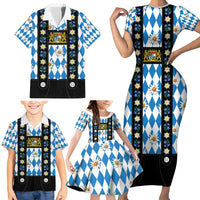 Bavaria Traditional Lederhosen Costume Family Matching Short Sleeve Bodycon Dress and Hawaiian Shirt Bavaria Emblem - Blue Plaid Pattern with Edelweiss Flowers - Wonder Print Shop