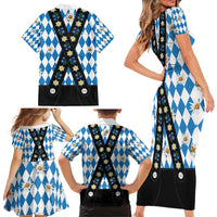 Bavaria Traditional Lederhosen Costume Family Matching Short Sleeve Bodycon Dress and Hawaiian Shirt Bavaria Emblem - Blue Plaid Pattern with Edelweiss Flowers - Wonder Print Shop