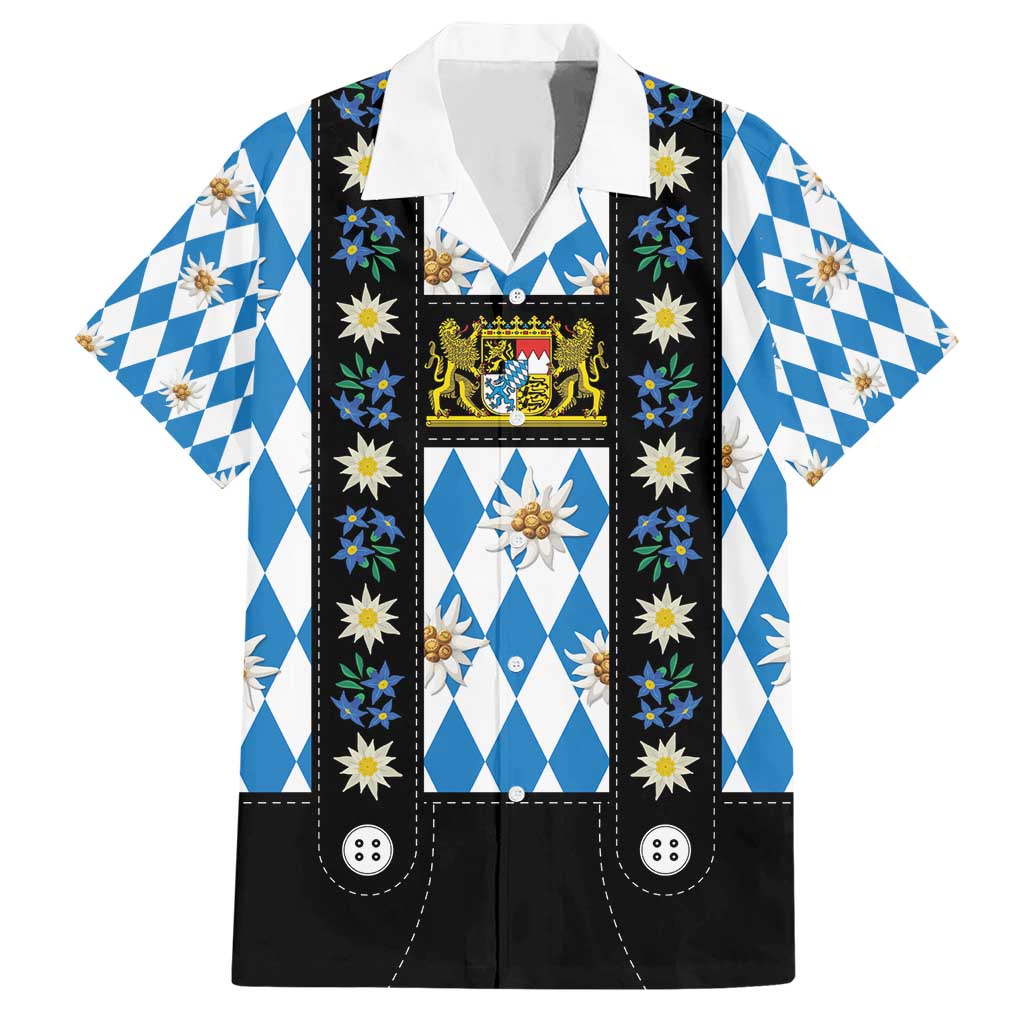 Bavaria Traditional Lederhosen Costume Family Matching Short Sleeve Bodycon Dress and Hawaiian Shirt Bavaria Emblem - Blue Plaid Pattern with Edelweiss Flowers - Wonder Print Shop