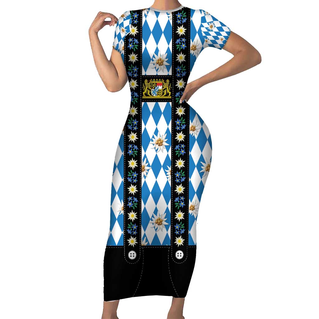 Bavaria Traditional Lederhosen Costume Family Matching Short Sleeve Bodycon Dress and Hawaiian Shirt Bavaria Emblem - Blue Plaid Pattern with Edelweiss Flowers - Wonder Print Shop