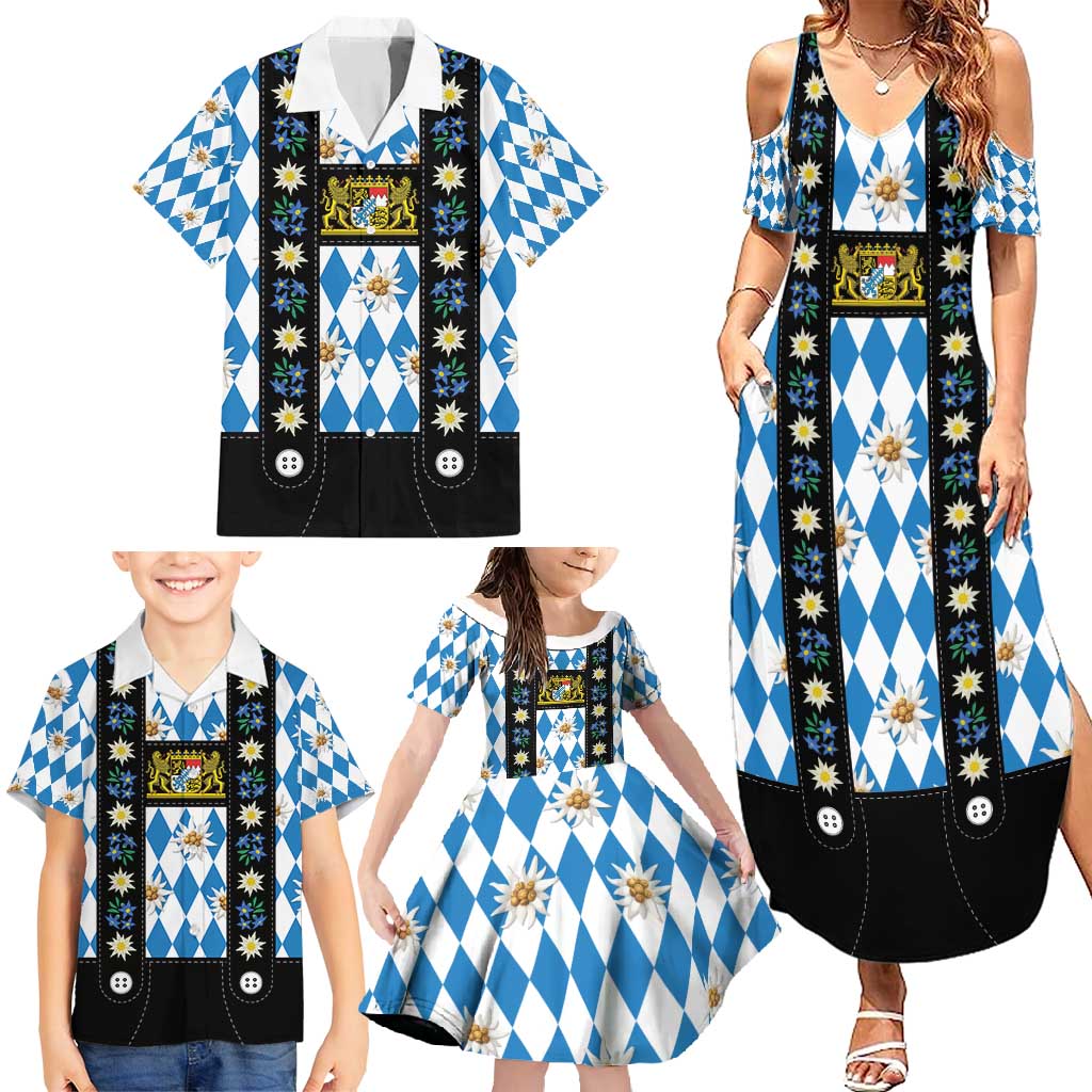 Bavaria Traditional Lederhosen Costume Family Matching Summer Maxi Dress and Hawaiian Shirt Bavaria Emblem - Blue Plaid Pattern with Edelweiss Flowers - Wonder Print Shop