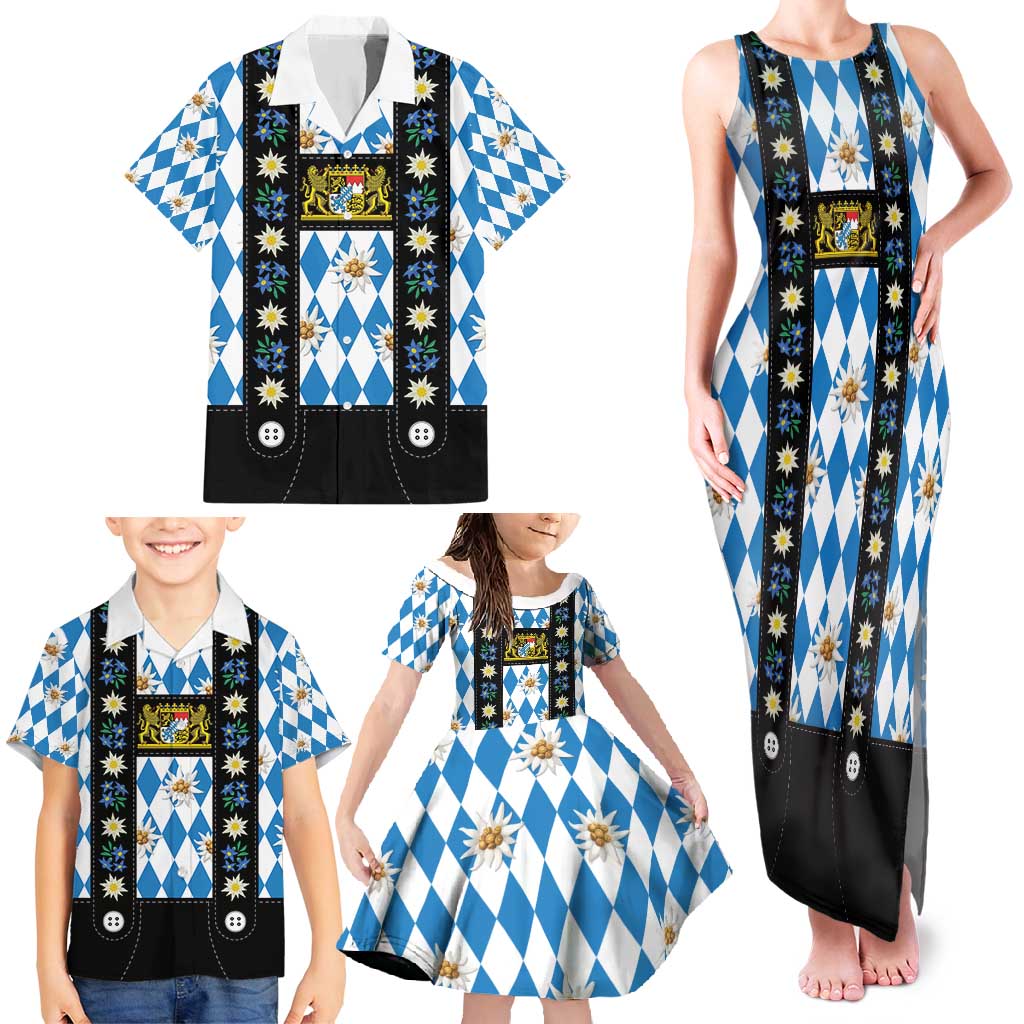 Bavaria Traditional Lederhosen Costume Family Matching Tank Maxi Dress and Hawaiian Shirt Bavaria Emblem - Blue Plaid Pattern with Edelweiss Flowers - Wonder Print Shop
