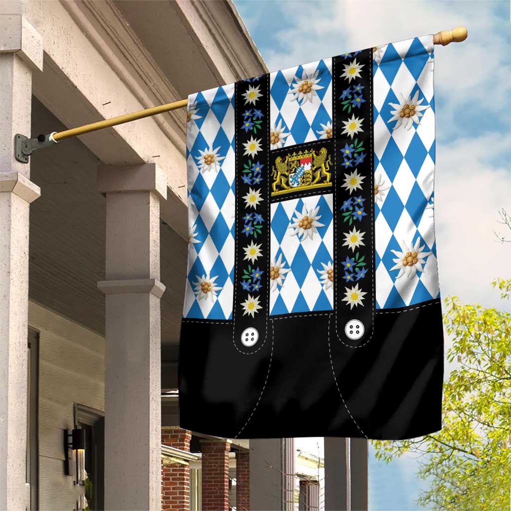 Bavaria Traditional Lederhosen Costume Garden Flag Bavaria Emblem - Blue Plaid Pattern with Edelweiss Flowers - Wonder Print Shop