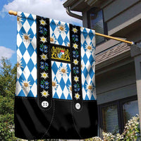 Bavaria Traditional Lederhosen Costume Garden Flag Bavaria Emblem - Blue Plaid Pattern with Edelweiss Flowers - Wonder Print Shop