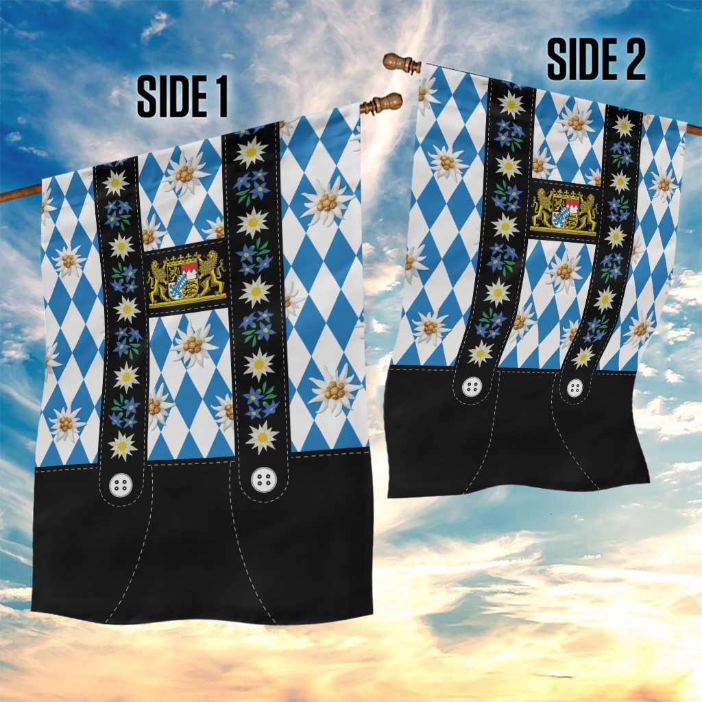 Bavaria Traditional Lederhosen Costume Garden Flag Bavaria Emblem - Blue Plaid Pattern with Edelweiss Flowers - Wonder Print Shop