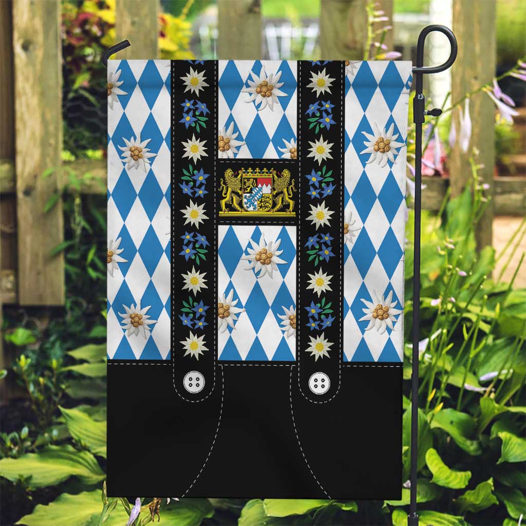 Bavaria Traditional Lederhosen Costume Garden Flag Bavaria Emblem - Blue Plaid Pattern with Edelweiss Flowers - Wonder Print Shop