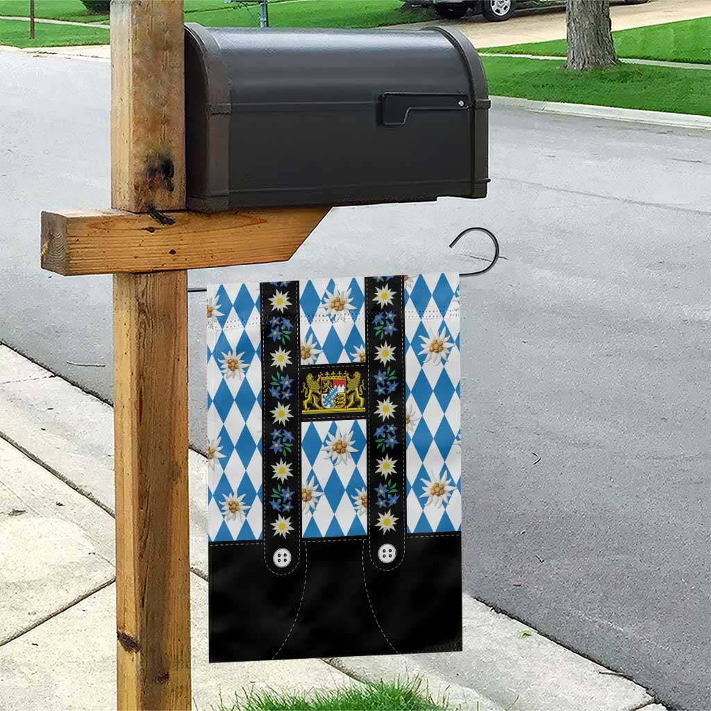 Bavaria Traditional Lederhosen Costume Garden Flag Bavaria Emblem - Blue Plaid Pattern with Edelweiss Flowers - Wonder Print Shop