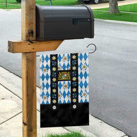 Bavaria Traditional Lederhosen Costume Garden Flag Bavaria Emblem - Blue Plaid Pattern with Edelweiss Flowers - Wonder Print Shop