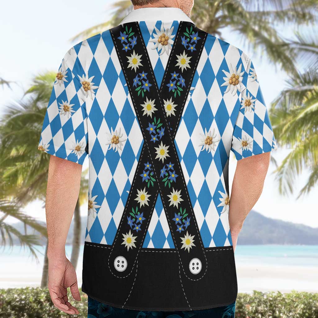 Bavaria Traditional Lederhosen Costume Hawaiian Shirt Bavaria Emblem - Blue Plaid Pattern with Edelweiss Flowers - Wonder Print Shop