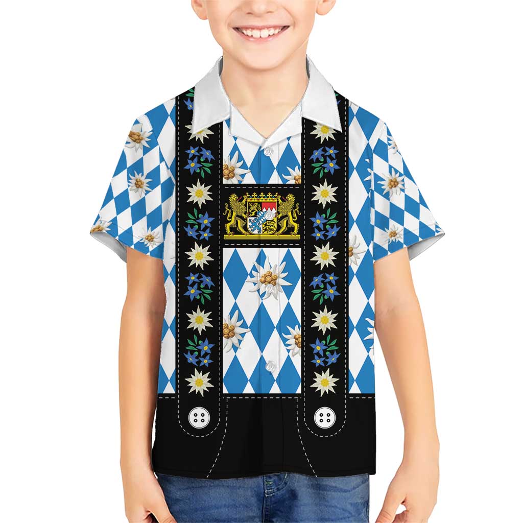 Bavaria Traditional Lederhosen Costume Hawaiian Shirt Bavaria Emblem - Blue Plaid Pattern with Edelweiss Flowers - Wonder Print Shop