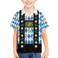 Bavaria Traditional Lederhosen Costume Hawaiian Shirt Bavaria Emblem - Blue Plaid Pattern with Edelweiss Flowers - Wonder Print Shop
