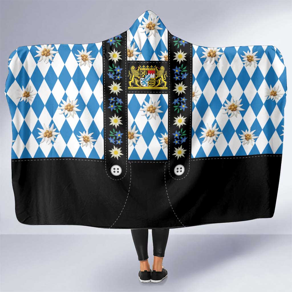 Bavaria Traditional Lederhosen Costume Hooded Blanket Bavaria Emblem - Blue Plaid Pattern with Edelweiss Flowers - Wonder Print Shop