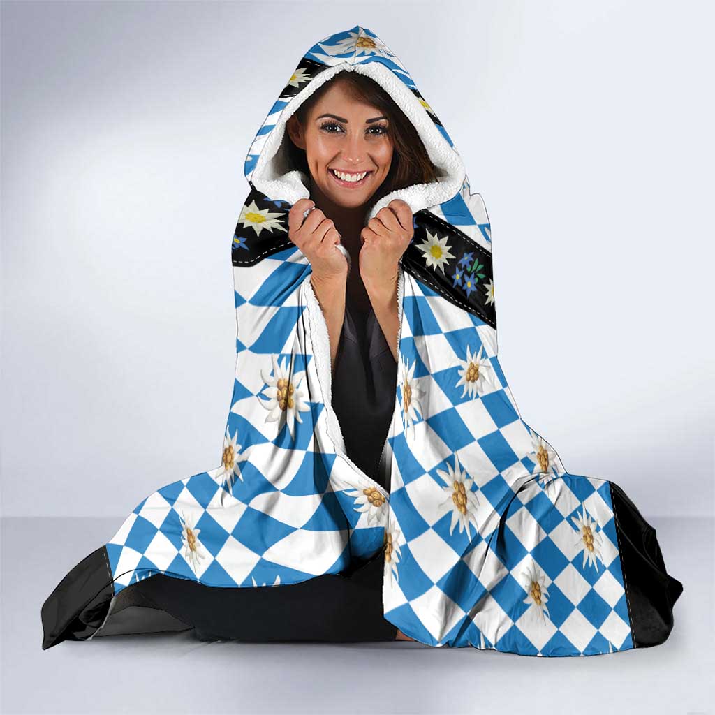 Bavaria Traditional Lederhosen Costume Hooded Blanket Bavaria Emblem - Blue Plaid Pattern with Edelweiss Flowers - Wonder Print Shop