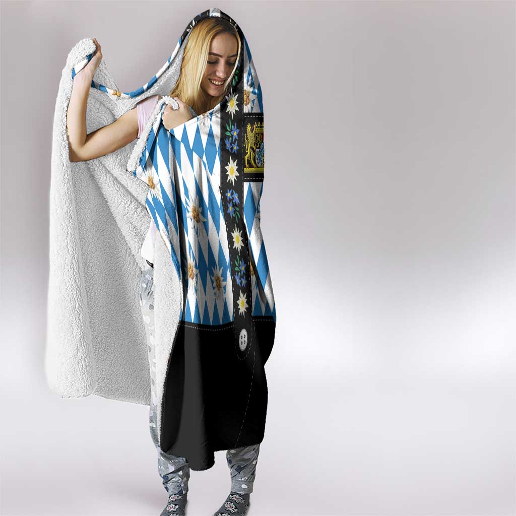 Bavaria Traditional Lederhosen Costume Hooded Blanket Bavaria Emblem - Blue Plaid Pattern with Edelweiss Flowers - Wonder Print Shop