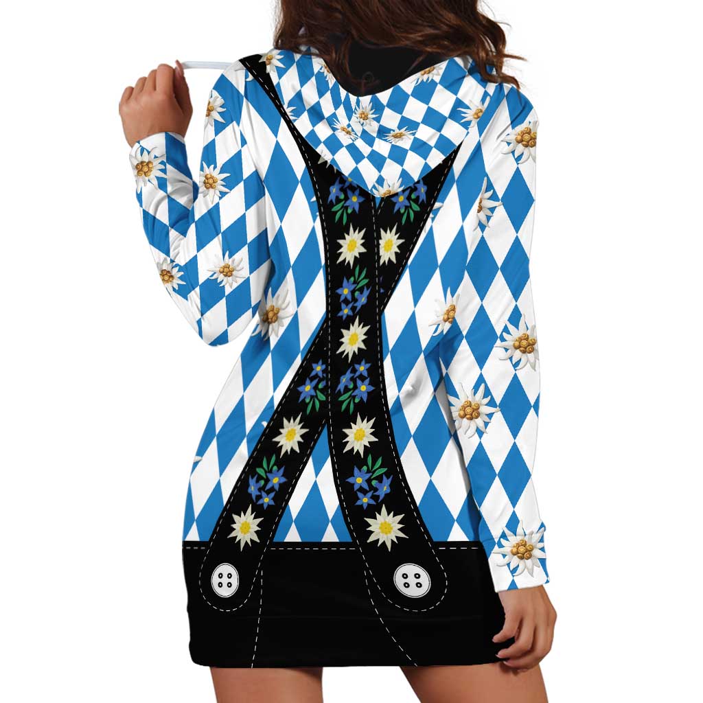 Bavaria Traditional Lederhosen Costume Hoodie Dress Bavaria Emblem - Blue Plaid Pattern with Edelweiss Flowers - Wonder Print Shop