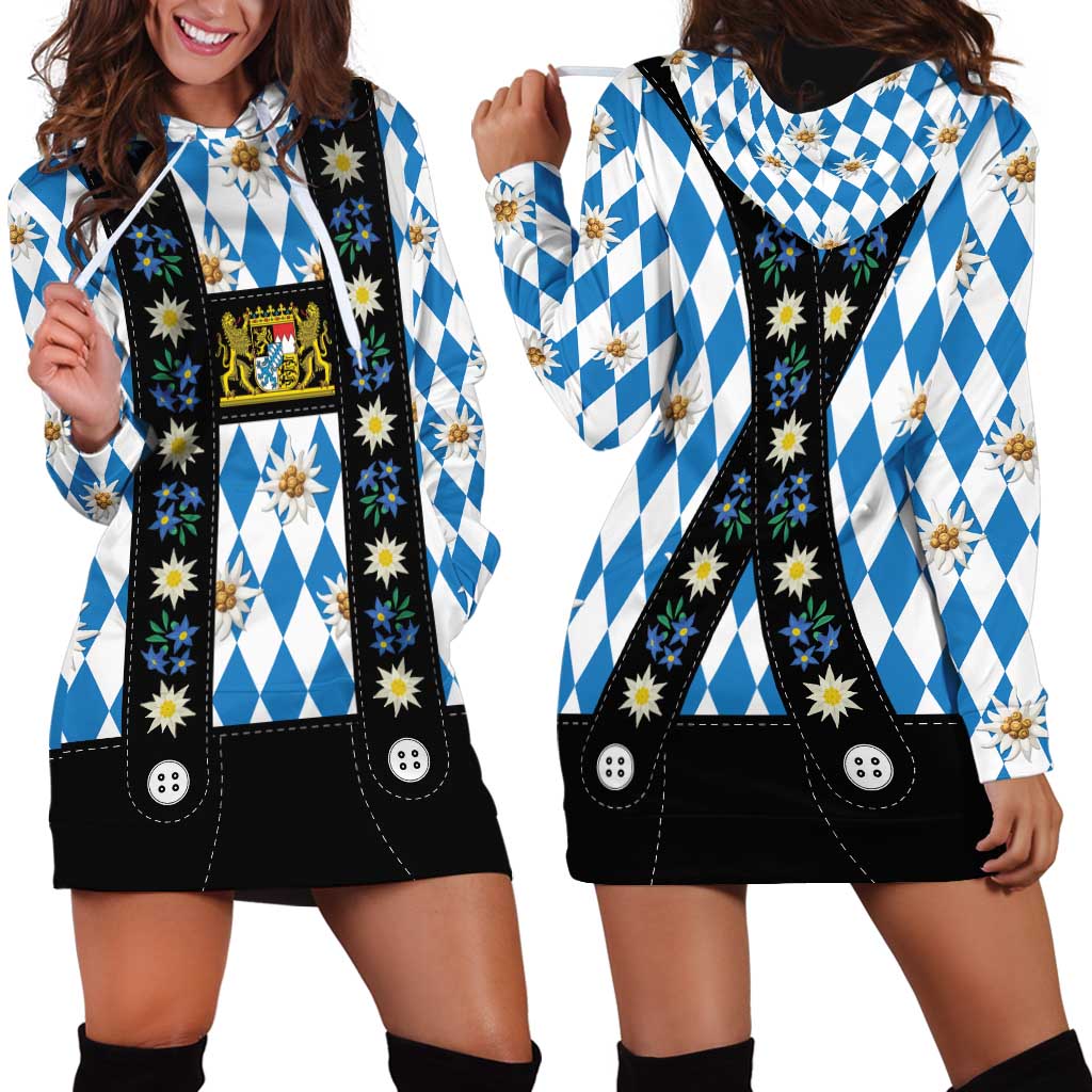 Bavaria Traditional Lederhosen Costume Hoodie Dress Bavaria Emblem - Blue Plaid Pattern with Edelweiss Flowers - Wonder Print Shop