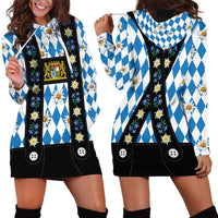 Bavaria Traditional Lederhosen Costume Hoodie Dress Bavaria Emblem - Blue Plaid Pattern with Edelweiss Flowers - Wonder Print Shop