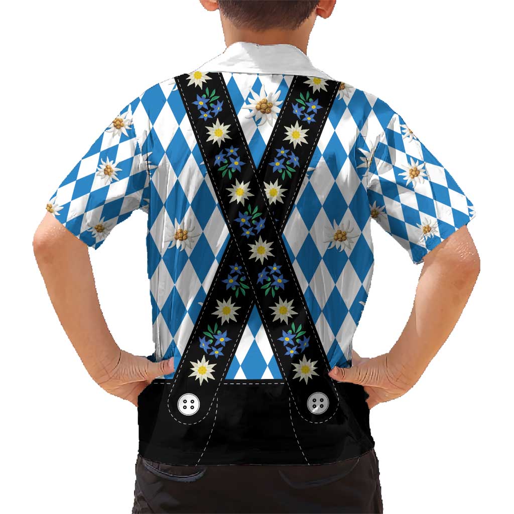 Bavaria Traditional Lederhosen Costume Kid Hawaiian Shirt Bavaria Emblem - Blue Plaid Pattern with Edelweiss Flowers - Wonder Print Shop