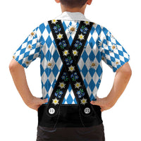 Bavaria Traditional Lederhosen Costume Kid Hawaiian Shirt Bavaria Emblem - Blue Plaid Pattern with Edelweiss Flowers - Wonder Print Shop