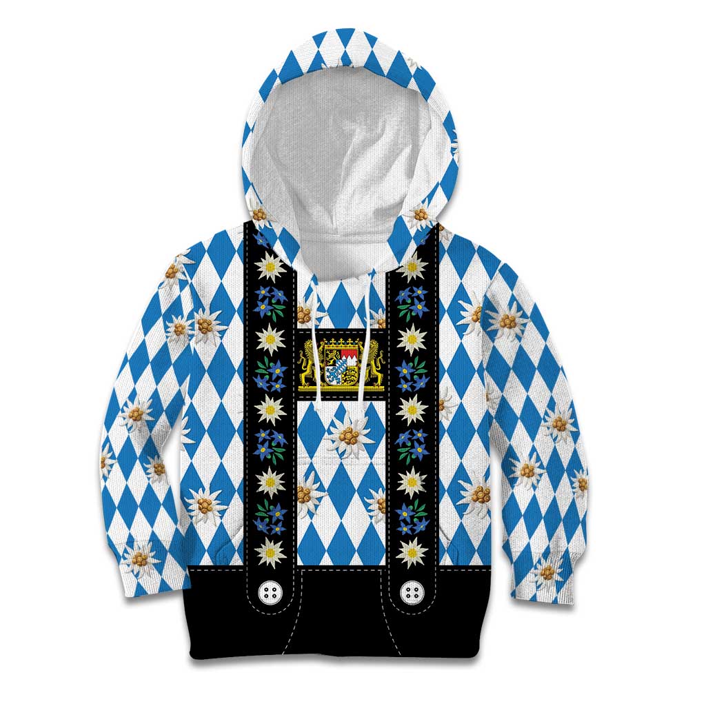 Bavaria Traditional Lederhosen Costume Kid Hoodie Bavaria Emblem - Blue Plaid Pattern with Edelweiss Flowers - Wonder Print Shop